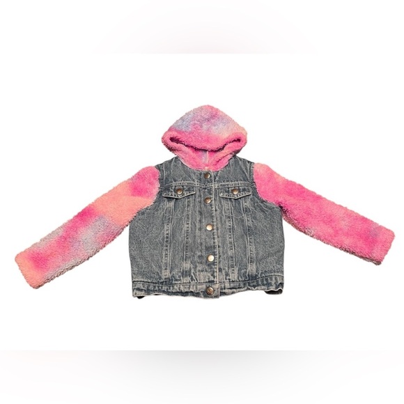 Baby Sara Other - Baby Sara Pink/Blue Fuzzy Heart Snap Up Hybrid Hooded Jean Jacket Size 4